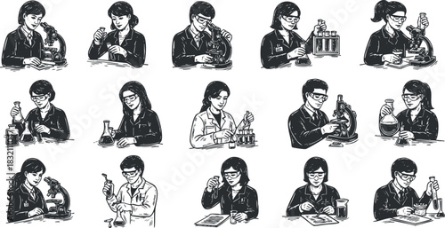 A collection of diverse scientists conducting various laboratory experiments in black and white vector style, perfect for educational and scientific themes