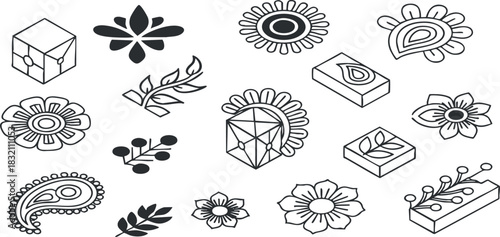 A collection of decorative floral and geometric icons in black and white vector style, perfect for craft and design projects