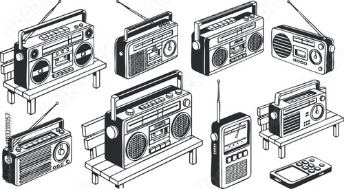 A collection of vintage radios and boomboxes in black and white outline vector style, ideal for retro-themed projects