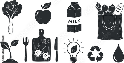 A collection of food-related icons including vegetables, fruits, and kitchen utensils in black and white minimalist vector style, suitable for healthy living and cooking concepts