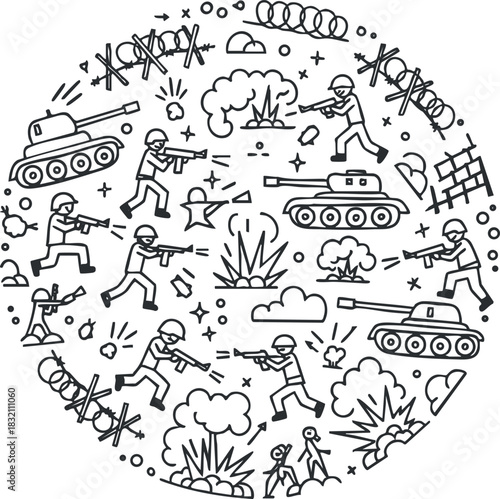 A collection of soldiers and tanks in outline vector style depicting combat scenes, ideal for military-themed designs or educational materials