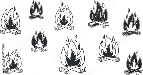 A collection of campfire icons featuring flames and logs in black and white minimalist vector style, ideal for outdoor adventure themes