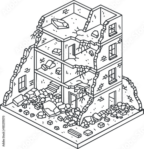 An isometric illustration of a ruined building with exposed floors and walls in a detailed outline vector style, suitable for disaster-themed projects