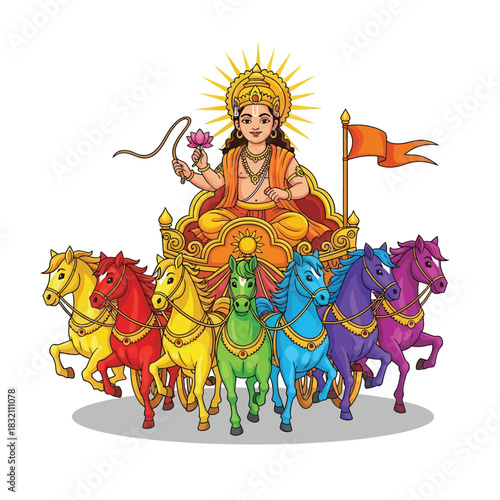 Vibrant depiction of Surya, the Hindu sun god, riding his chariot pulled by seven colorful horses, a powerful icon of energy and light