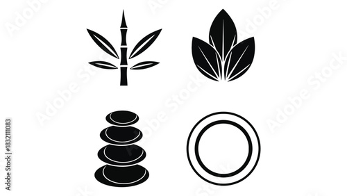 Four black and white spa icons featuring bamboo leaves and stones
