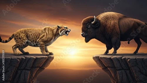 Dramatic Standoff Between a Saber-Toothed Tiger and Bison on Cliffs at Sunset with Orange Sky