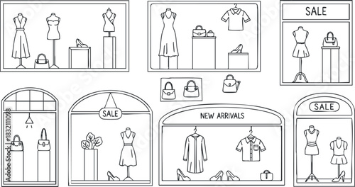 A collection of fashion store window displays featuring dresses, accessories, and sale promotions in minimalist outline vector style, ideal for retail marketing