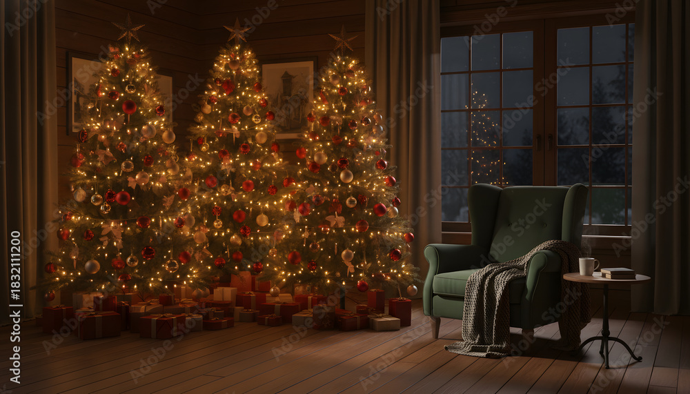 Naklejka premium Cozy Christmas evening with three glowing decorated trees