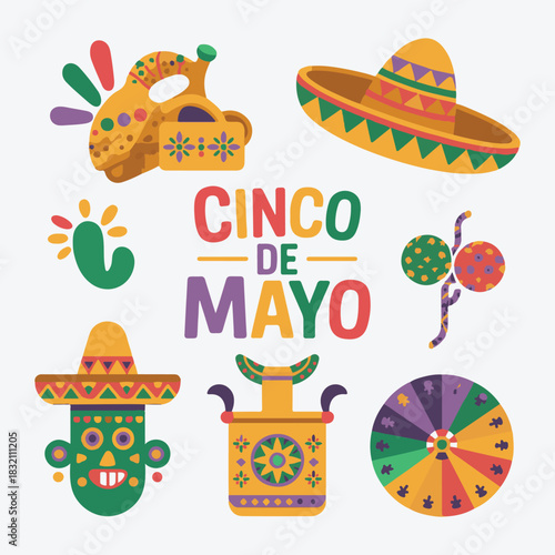 Cinco de Mayo Flat Design Vector Elements Collection with Sombrero, Cactus, and Maracas