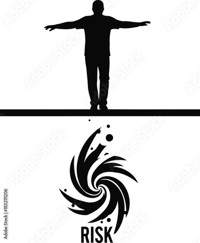 Silhouette man balancing over risk vortex
