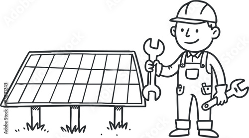 A solar panel technician holding tools next to a solar energy panel in a simple black and white outline vector style, ideal for renewable energy projects