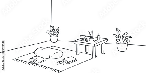 A cozy minimalist interior scene featuring a table with tea, candles, and plants in outline vector style, ideal for wellness and relaxation themes