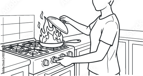 A person adjusting a gas stove with a burning pan in black and white line art style, ideal for kitchen safety awareness and cooking tips