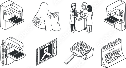 A collection of office equipment icons including printers, a calendar, and a magnifying glass in black and white minimalist vector style, perfect for business and technology graphics