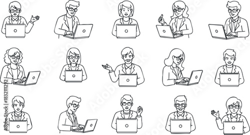 A collection of business professionals working on laptops, depicted in minimalist outline vector style, suitable for corporate presentations and online content