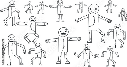 A collection of playful stick figures with arms outstretched and smiling faces in a simple black and white outline style, suitable for children's illustrations and playful design projects
