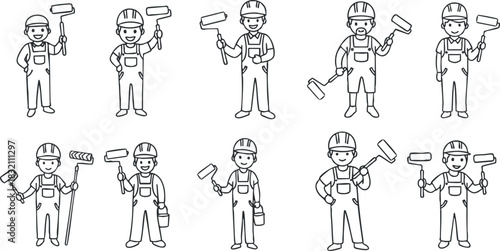 A collection of cartoon painters with paint rollers in outline vector style, ideal for construction and home improvement projects