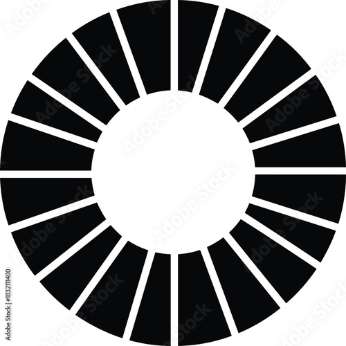Black segmented circle vector icon, radial wheel chart with seventeen sections isolated on white background for infographic design.