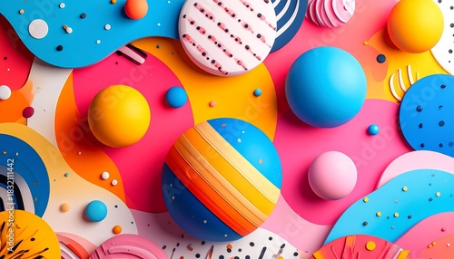 Bright and cheerful abstract pattern, bold shapes, gradients, dots and stripes, playful kid-friendly design, cartoon-inspired
