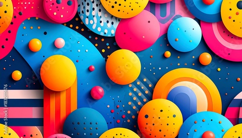 Bright and cheerful abstract pattern, bold shapes, gradients, dots and stripes, playful kid-friendly design, cartoon-inspired