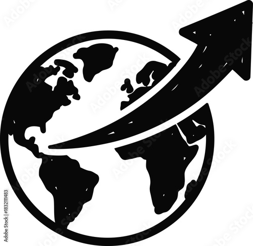 Doodle simple globe with an upward arrow icon, hand-drawn solid black on white, indicating global expansion, quick travel sketch