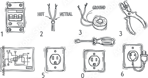 A set of hand-drawn electrical wiring tools and components in a minimalist sketch style, suitable for educational materials and DIY guides