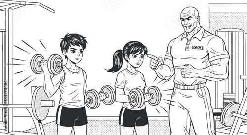 A fitness training scene featuring two young individuals lifting dumbbells with a muscular trainer in a black and white outline style, ideal for gym promotional materials