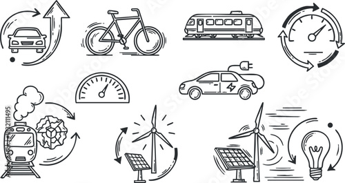 A collection of transportation and energy icons including cars, bicycles, trains, and renewable energy sources in minimalist black and white vector style, suitable for eco-friendly projects