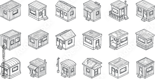 A collection of various cabin and hut designs in clean outline vector style, suitable for architectural illustrations and travel-themed projects