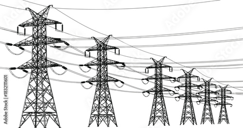 Vector illustration of high voltage electric transmission towers and power lines arranged in perspective row isolated on white background.