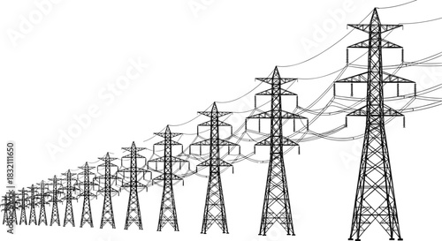 Perspective row of high voltage electric transmission towers and power lines, black vector silhouette isolated on white background.