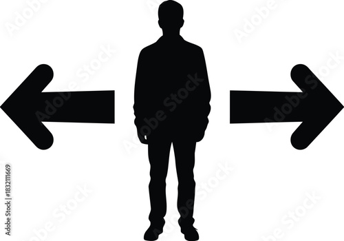 Man silhouette facing two directional arrows
