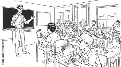 A classroom scene with a teacher presenting to students in a black and white outline vector style, ideal for educational materials