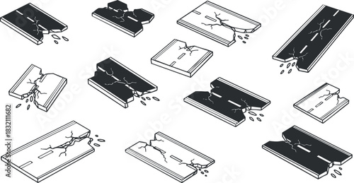 A set of cracked and broken wooden planks in minimalist black and white vector style, suitable for construction and renovation projects