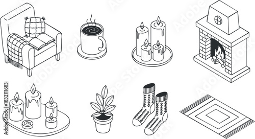 A cozy living room scene featuring an armchair, candles, a plant, a fireplace, and a decorative rug in minimalist outline vector style, perfect for home decor projects
