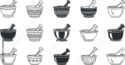 A collection of mortar and pestle illustrations in black and white outline style, suitable for culinary and kitchen-themed designs