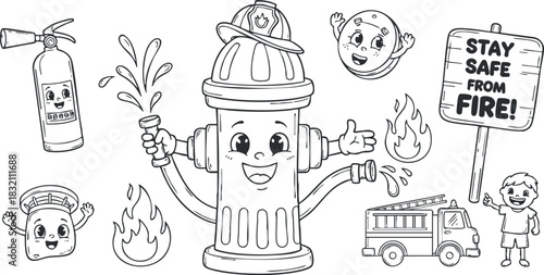 A collection of cute fire safety illustrations featuring a smiling fire hydrant, fire extinguisher, flames, and children in black and white vector style, ideal for educational materials