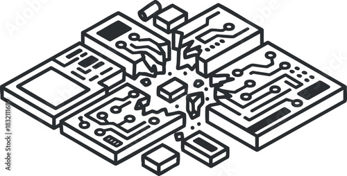 A set of interconnected circuit boards and chips in modern outline vector style, suitable for technology and engineering projects