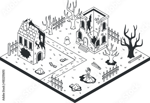 An isometric illustration of a haunted house and spooky trees in black and white vector style, suitable for Halloween-themed designs