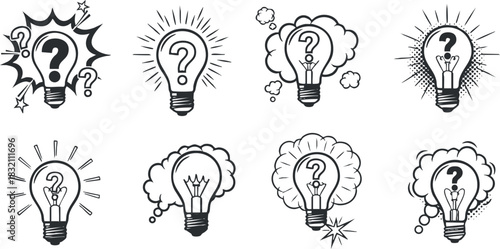 A collection of lightbulbs with question marks and thought bubbles in black and white vector style, ideal for creative brainstorming projects