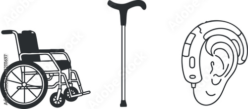 A collection of accessibility icons including a wheelchair, cane, and hearing aid in simple black and white outline vector style, suitable for health and disability awareness projects