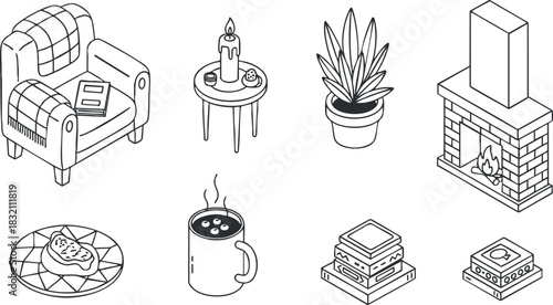 A collection of cozy home elements including a chair, table with a candle, plant, and fireplace in minimalist outline vector style, perfect for interior design projects