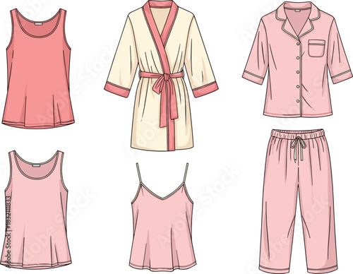 Vector collection of pink women's sleepwear featuring pajama shirt, pants, robe, camisole, and tank tops, fashion technical sketch set.