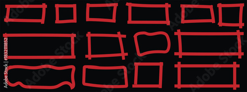 Red highlight marker lines, highlighters pen Marker highlight squares and rectangles to emphasize text design. Rectangle marker drawn frames and borders. Vector bright yellow bold geometric shapes