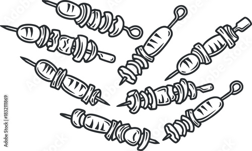 A collection of grilled skewers with vegetables and meat in a playful hand-drawn outline style, perfect for food-related projects
