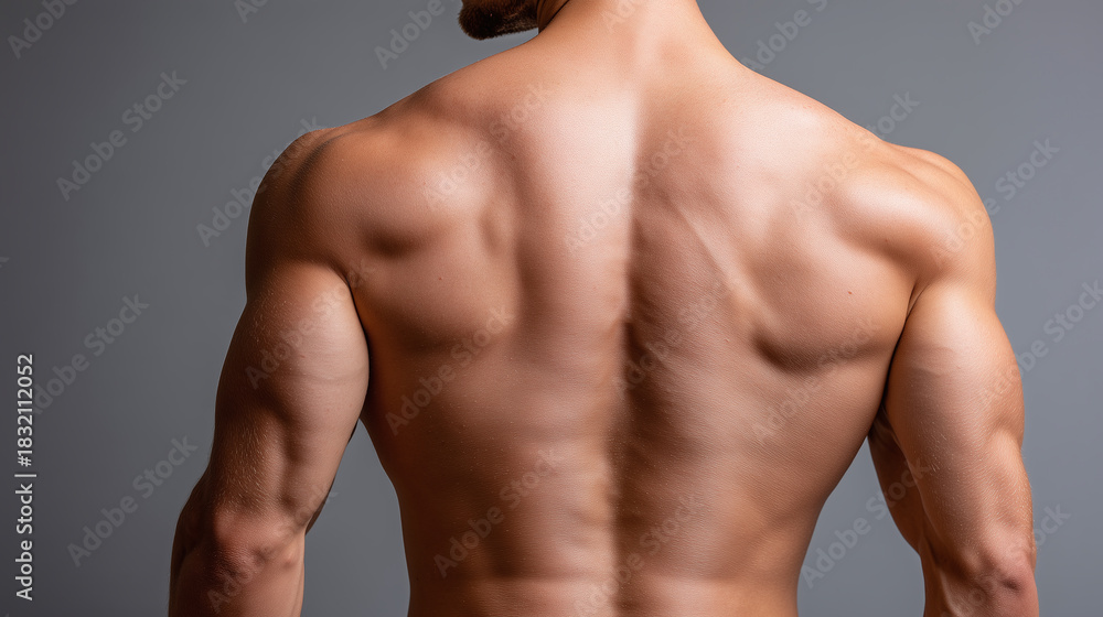 Fototapeta premium Muscular male back with defined muscles and smooth skin, highlighted by soft warm lighting, fitness and strength concept, healthy lifestyle inspiration