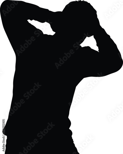 Man silhouette stress hands on head