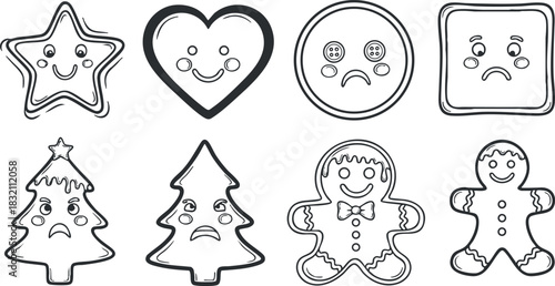 A collection of cute Christmas icons featuring sad faces including a star, heart, buttons, trees, and gingerbread in outline vector style, ideal for festive designs and holiday projects