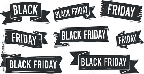 A collection of black Friday sale banners in bold typography and vector style, ideal for retail marketing and promotional materials