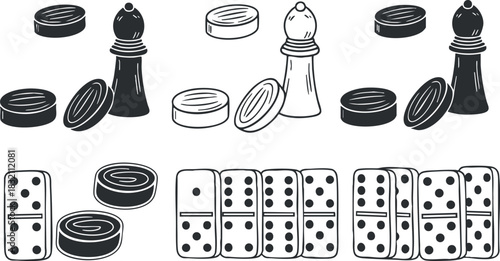 A collection of chess pieces, salt and pepper shakers, and dominoes in black and white outline vector style, ideal for game design and culinary themes